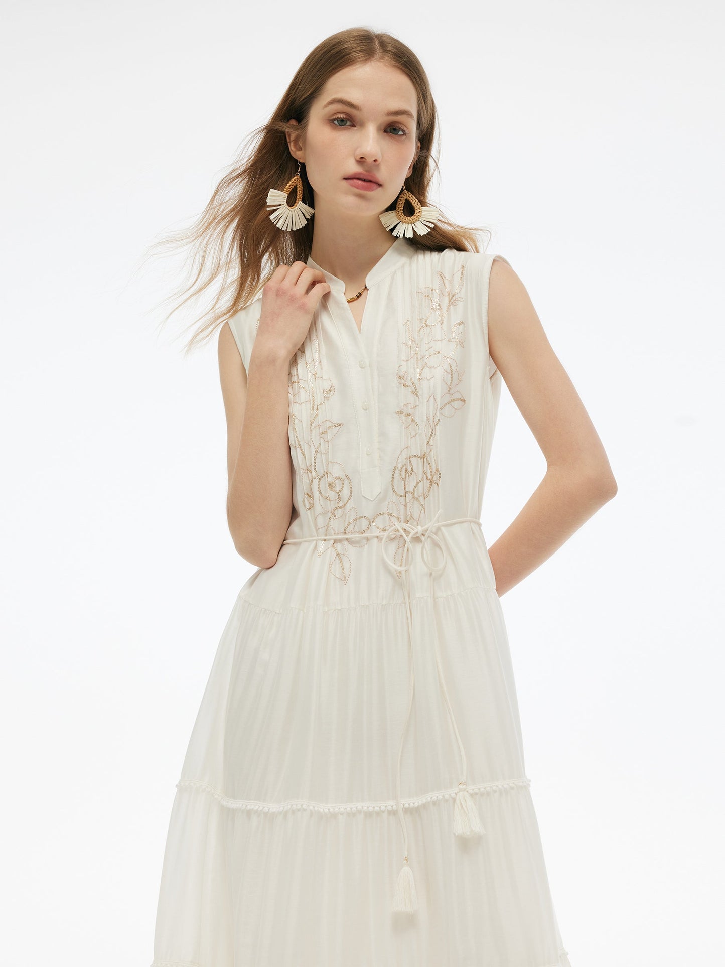Tencel Blend Embroidered Women Maxi Vest Dress With Tie String Belt