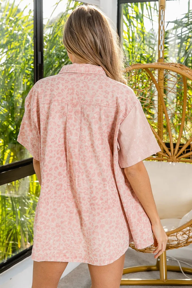 BiBi Mineral Washed Leopard Print Short Sleeve Shirt