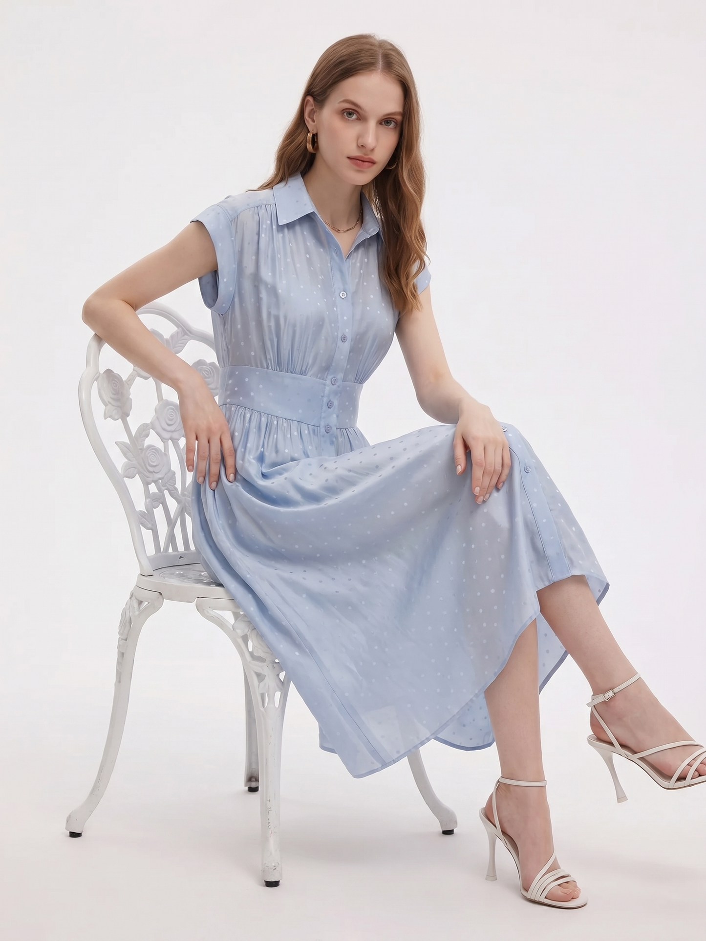 16.5MM Mulberry Silk Polka Dots Jacquard Women Maxi Shirt Dress