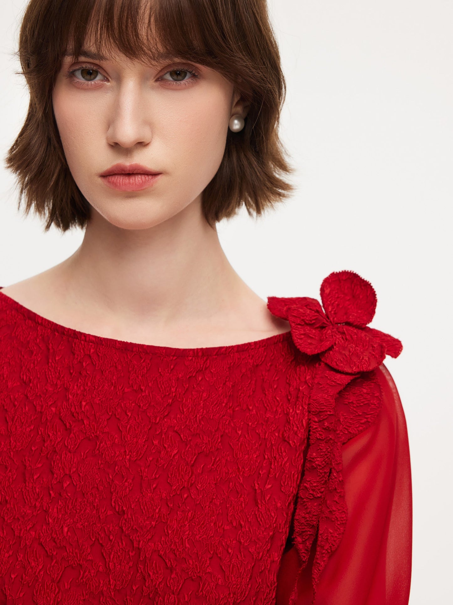 Chili Red Jacquard Boat Neck Women Midi Dress With Detachable Flower