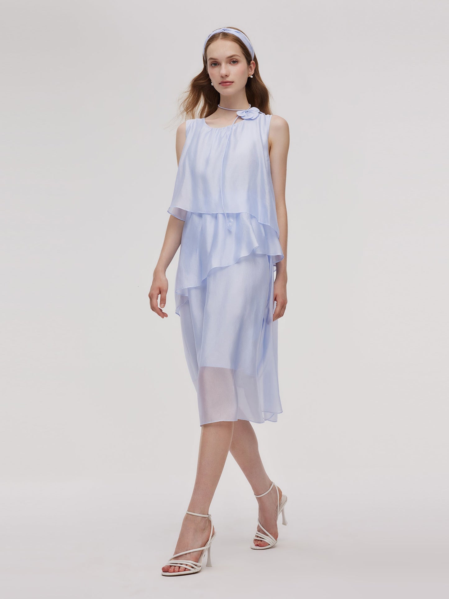 Ruffle Women Tiered Vest Midi Dress With Hairband And Bowknot Choker