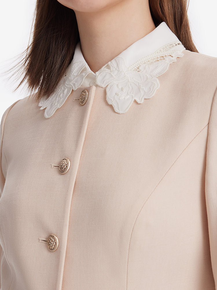 Acetate Single-Breasted Women Mini Dress With Detachable Lace Collar