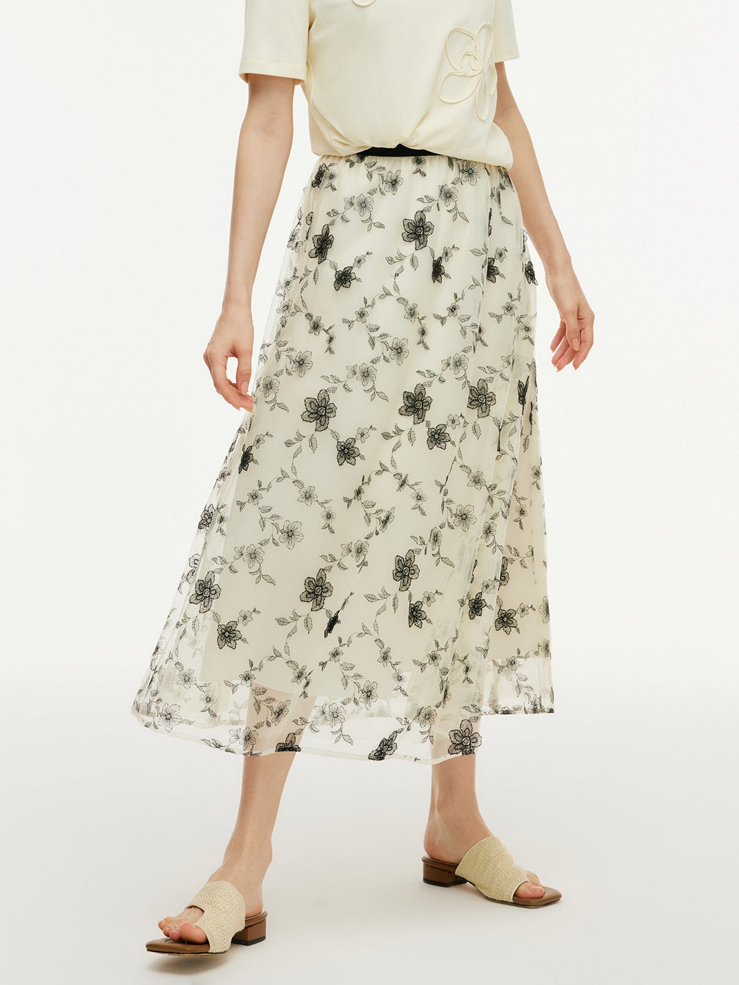Floral Embroidered Women Elastic Waist Mesh Skirt