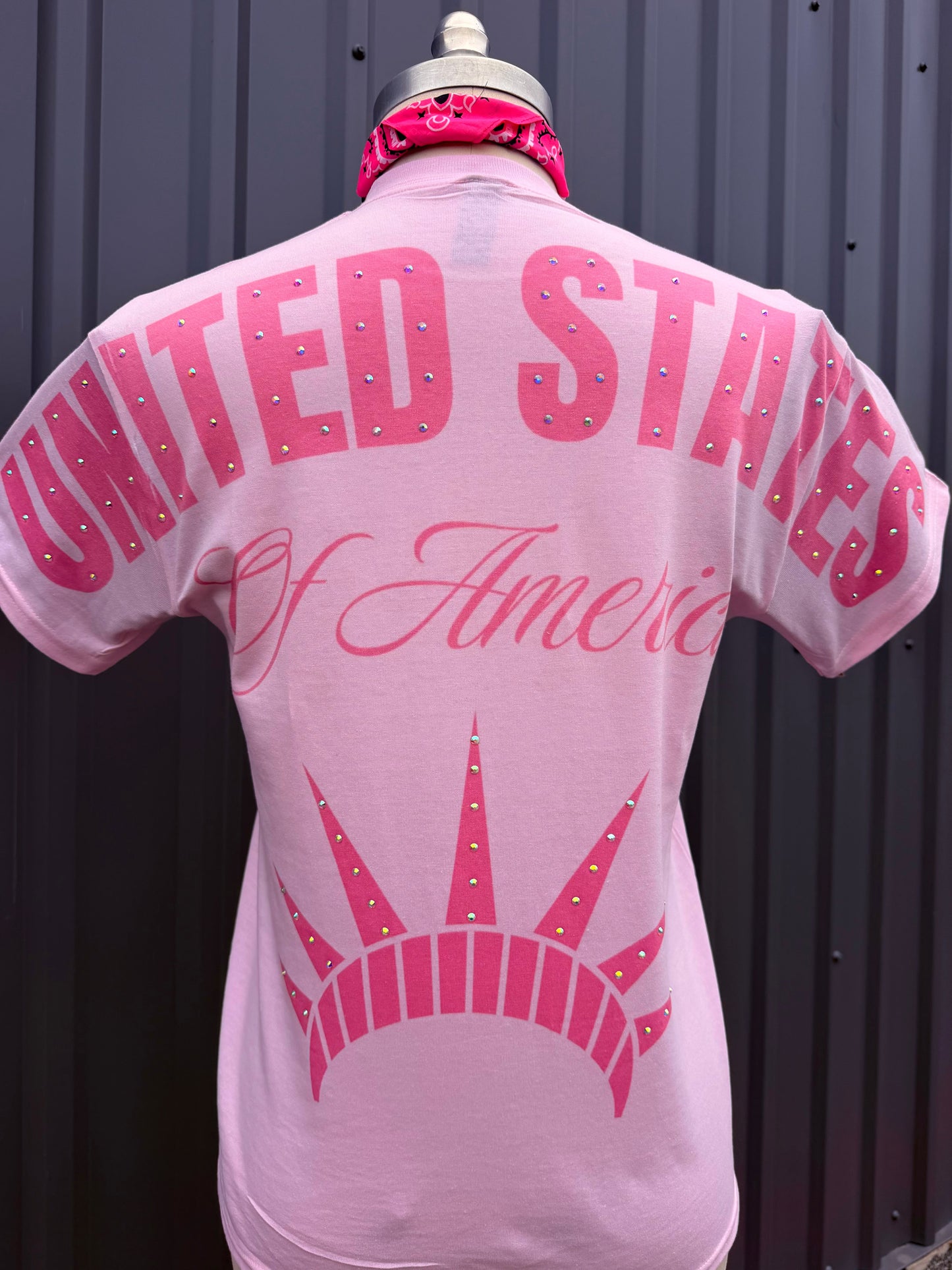 Pink Rhinestone United States of America Graphic Tee | Patriotic Statue of Liberty Back Print Shirt