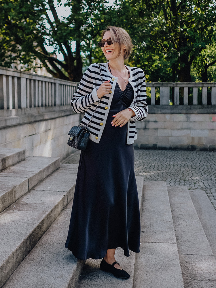 Button Up Woolen Striped Lady Cardigan