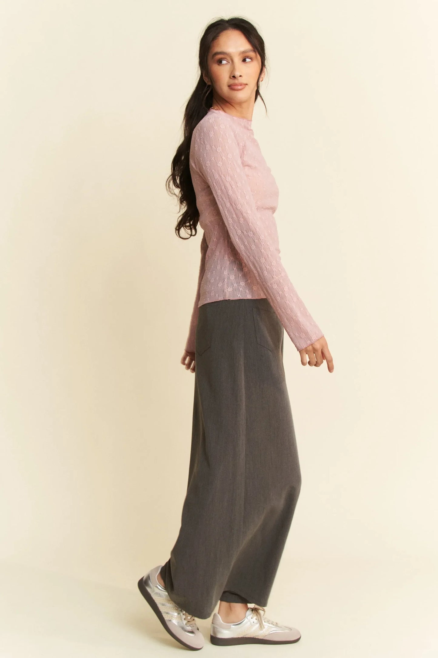 Davi & Dani Long Sleeve Sheer Small Embroidered Bows Lace Top