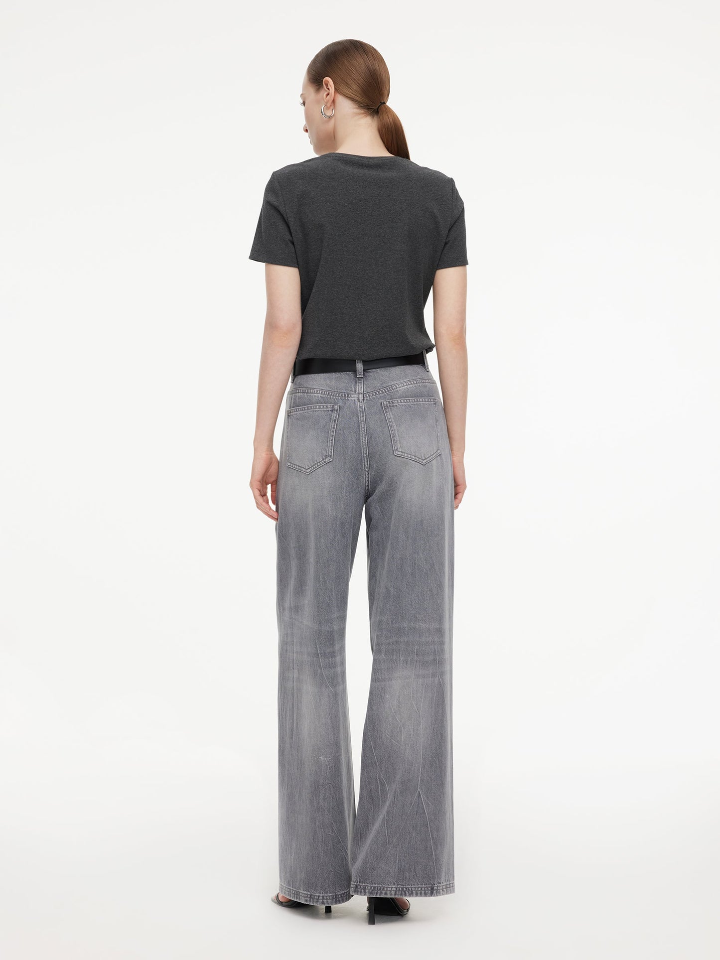 Lyocell Cotton Blend Denim Women Straight Wide Leg Jeans With Leather Belt