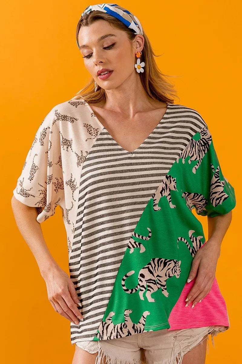 BiBi Tiger W Stripe Contrast Color Block V Neck Top