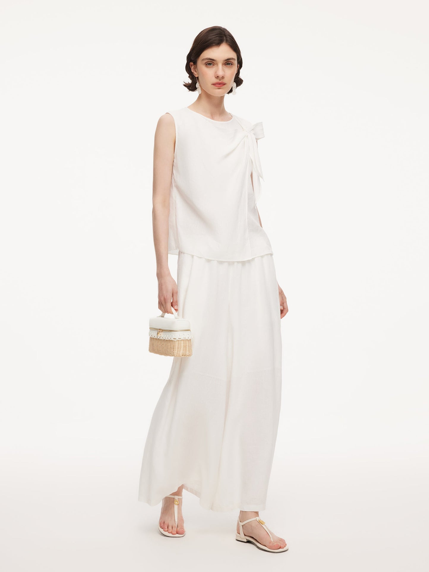 100% Linen Front Knot Tank Top And Pants Two-Piece Set