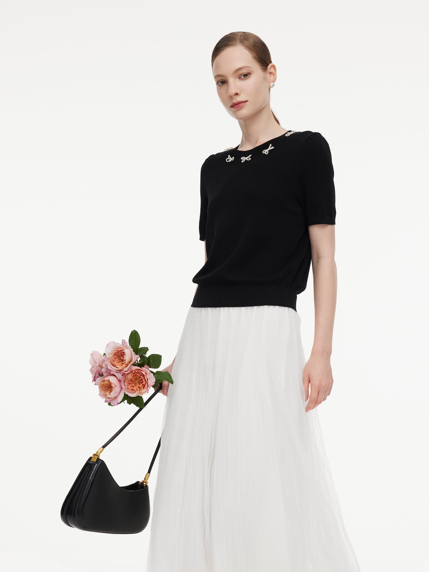 Lyocell Blend Beaded Bowknot Women Knit Top