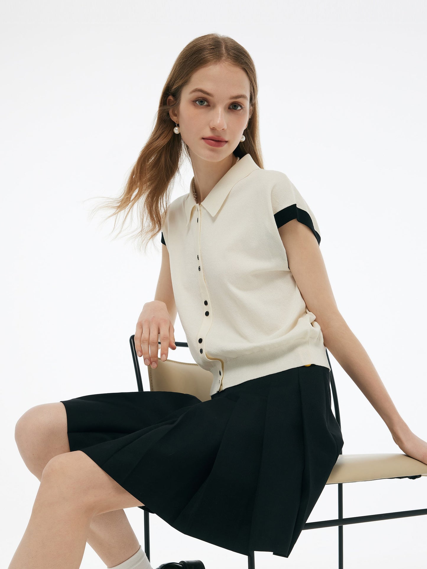 Tencel Blend Color Block Women Polo Short Sleeve Cardigan
