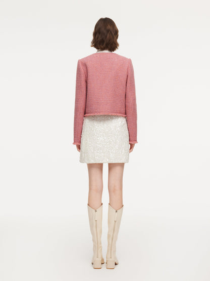 Wool Blend Tweed Frayed Hem Women Jacket
