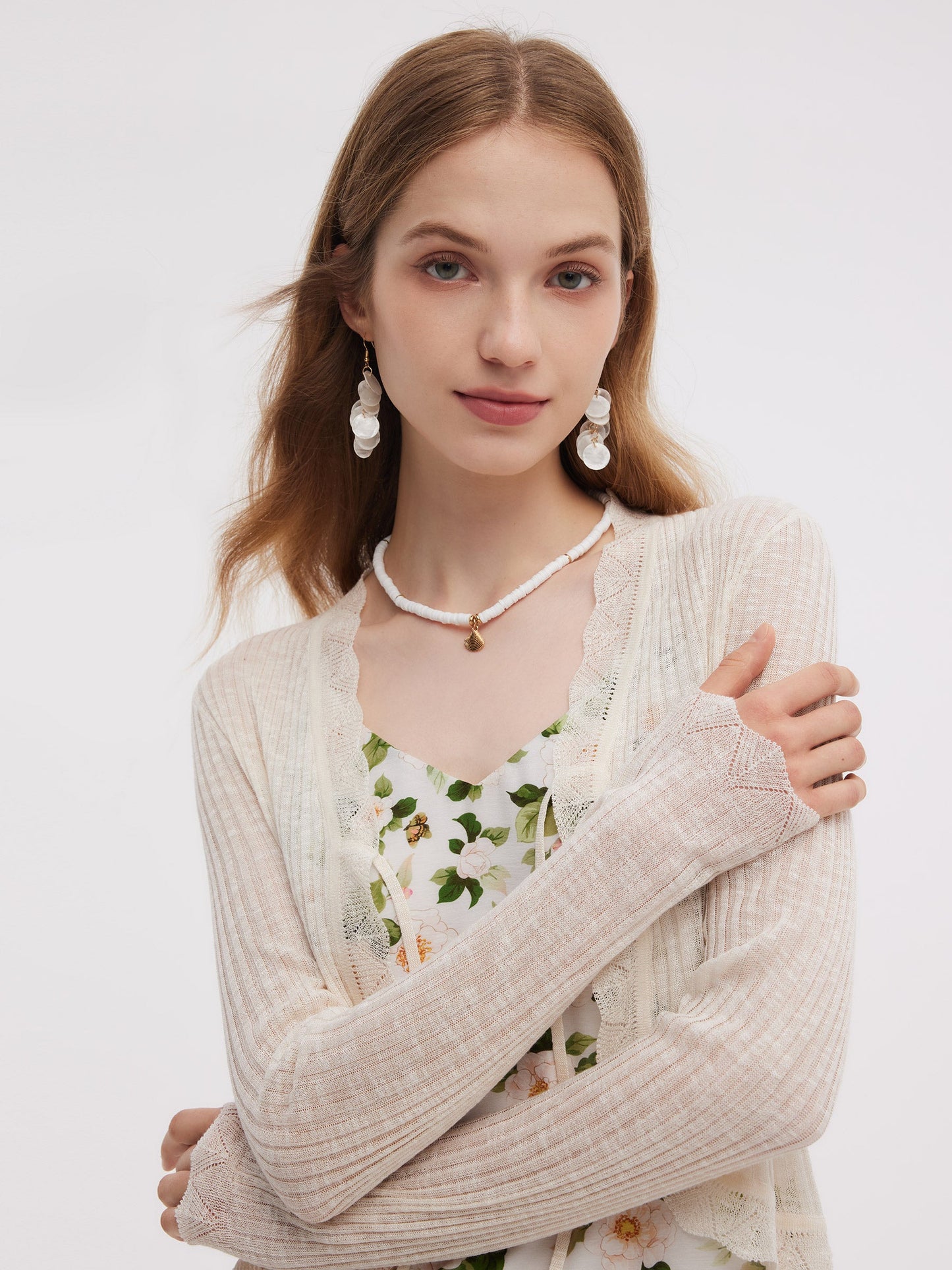 Wavy Trim Tie Front Women Cardigan