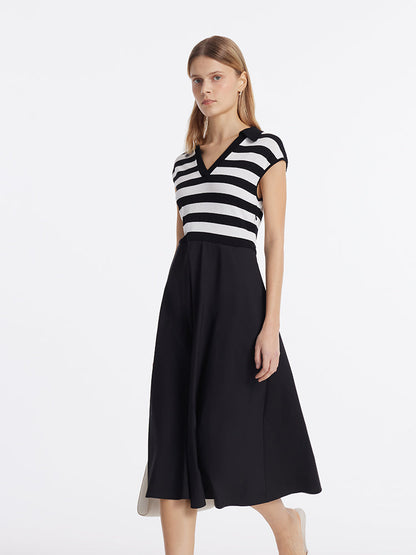 Tencel Striped Patchwork Women Midi Dress