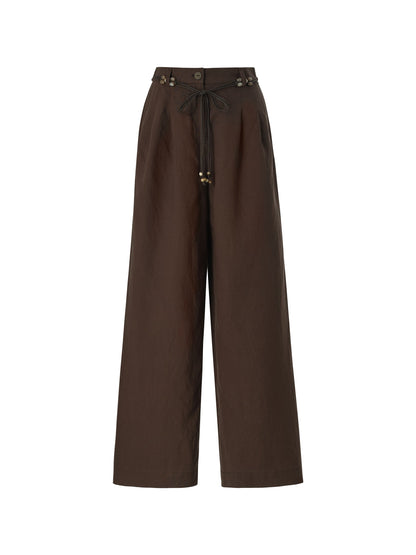 Linen Blend Women Wide Leg Pants With Tie String Belt