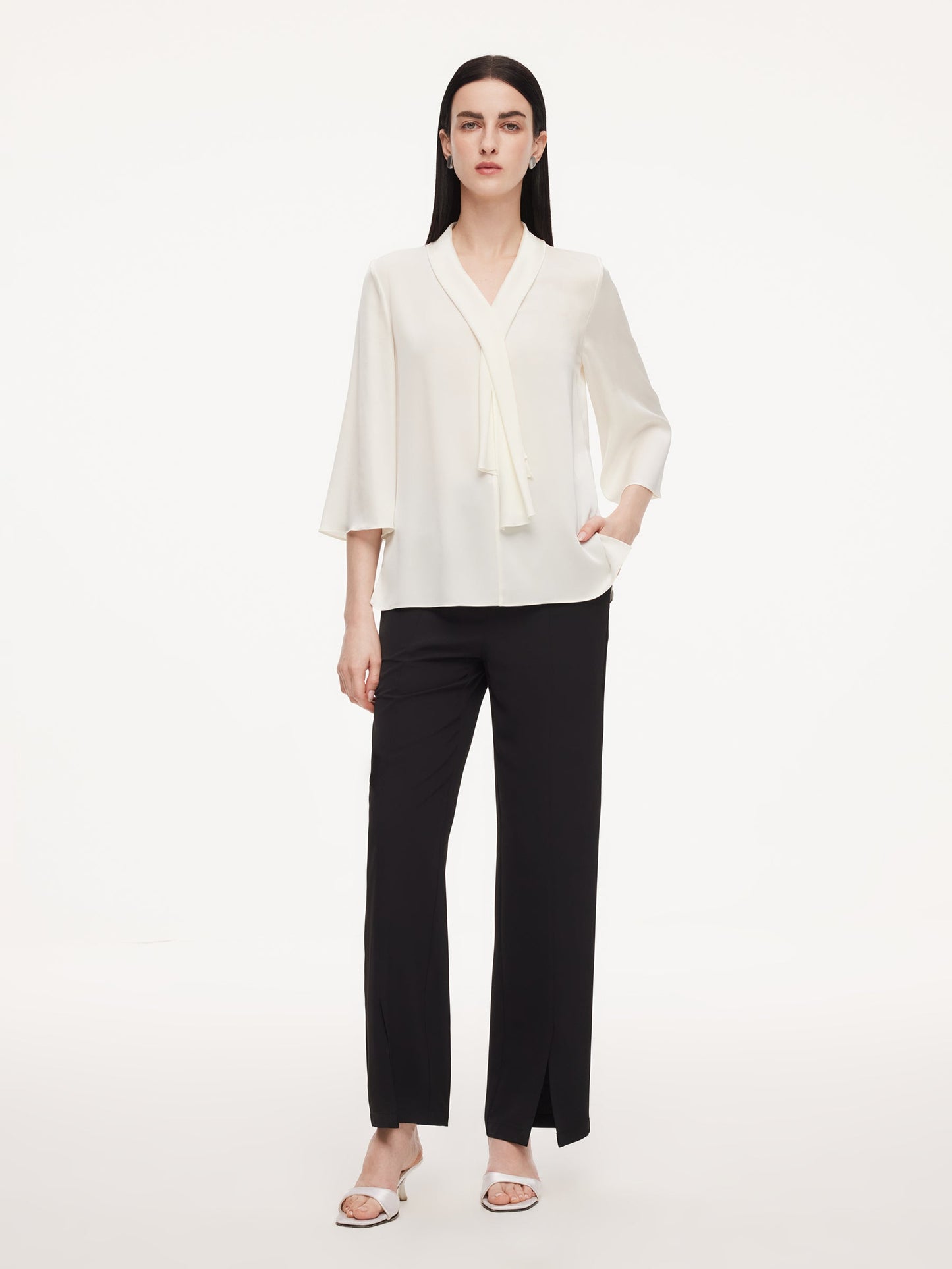 22MM Mulberry Silk Tie Neck Women 3/4 Sleeve Blouse