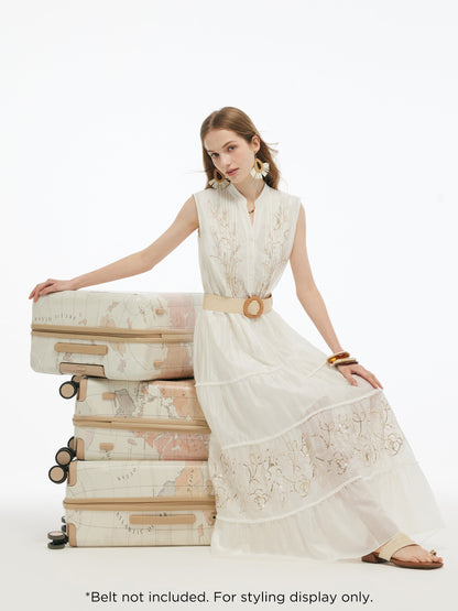 Tencel Blend Embroidered Women Maxi Vest Dress With Tie String Belt