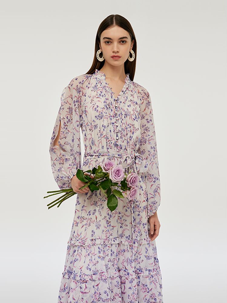 Floral Print Tiered Women Maxi Dress With Belt