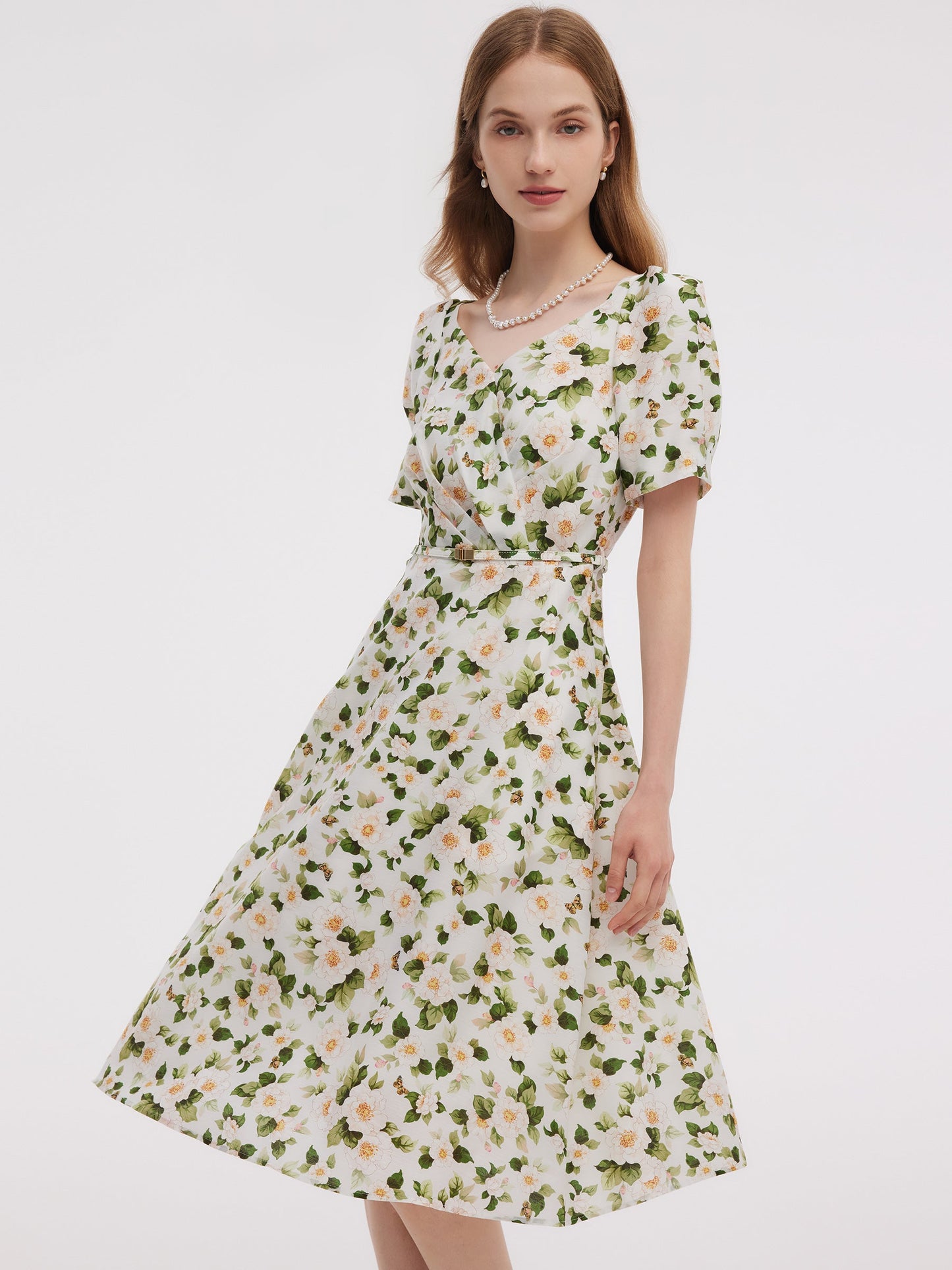 Acetate Blend Floral Print Women V-Neck Midi Dress With Belt