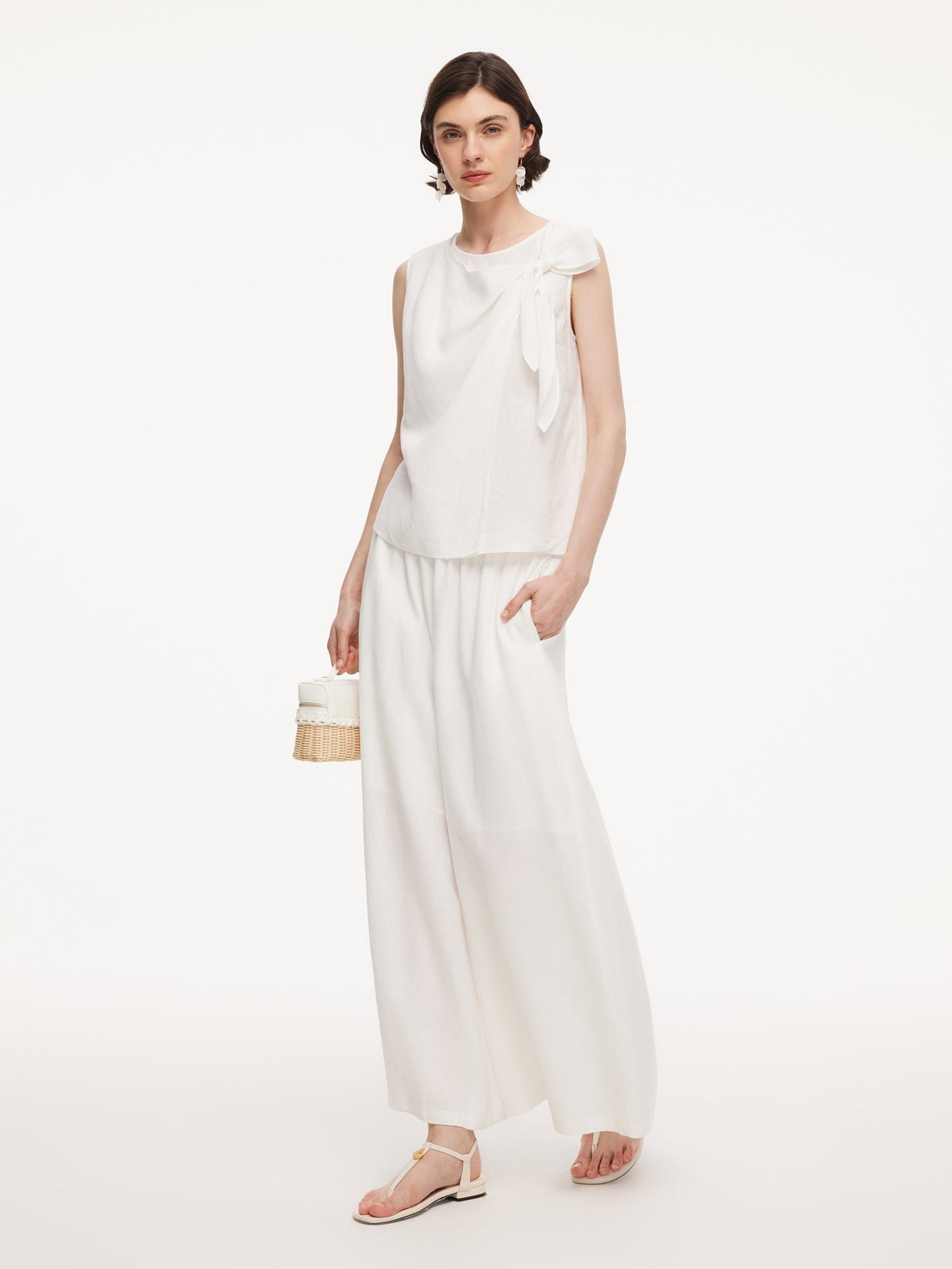 100% Linen Front Knot Tank Top And Pants Two-Piece Set
