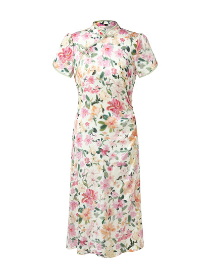 19MM Mulberry Silk Floral Print Side Twist Women Qipao Midi Dress