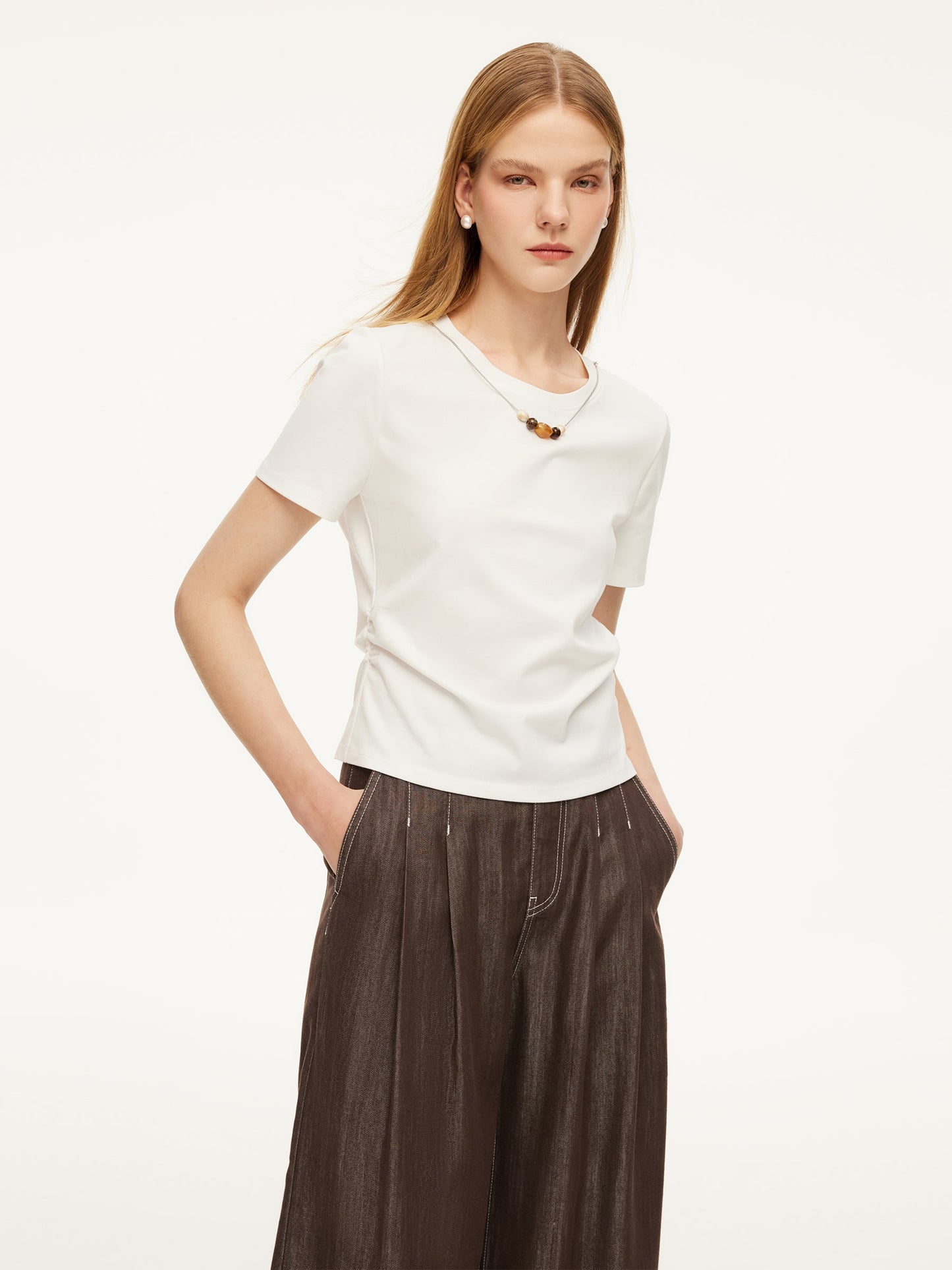 Cotton Side Twist Women T-Shirt With Detachable Beaded Chain