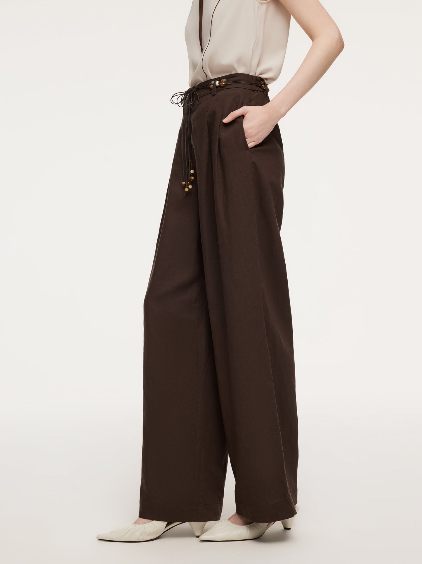 Linen Blend Women Wide Leg Pants With Tie String Belt