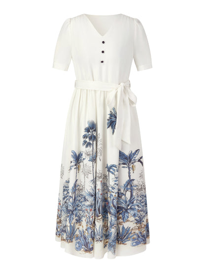Tencel Linen Floral Print Women V-Neck Midi Dress With Self-Tie Belt