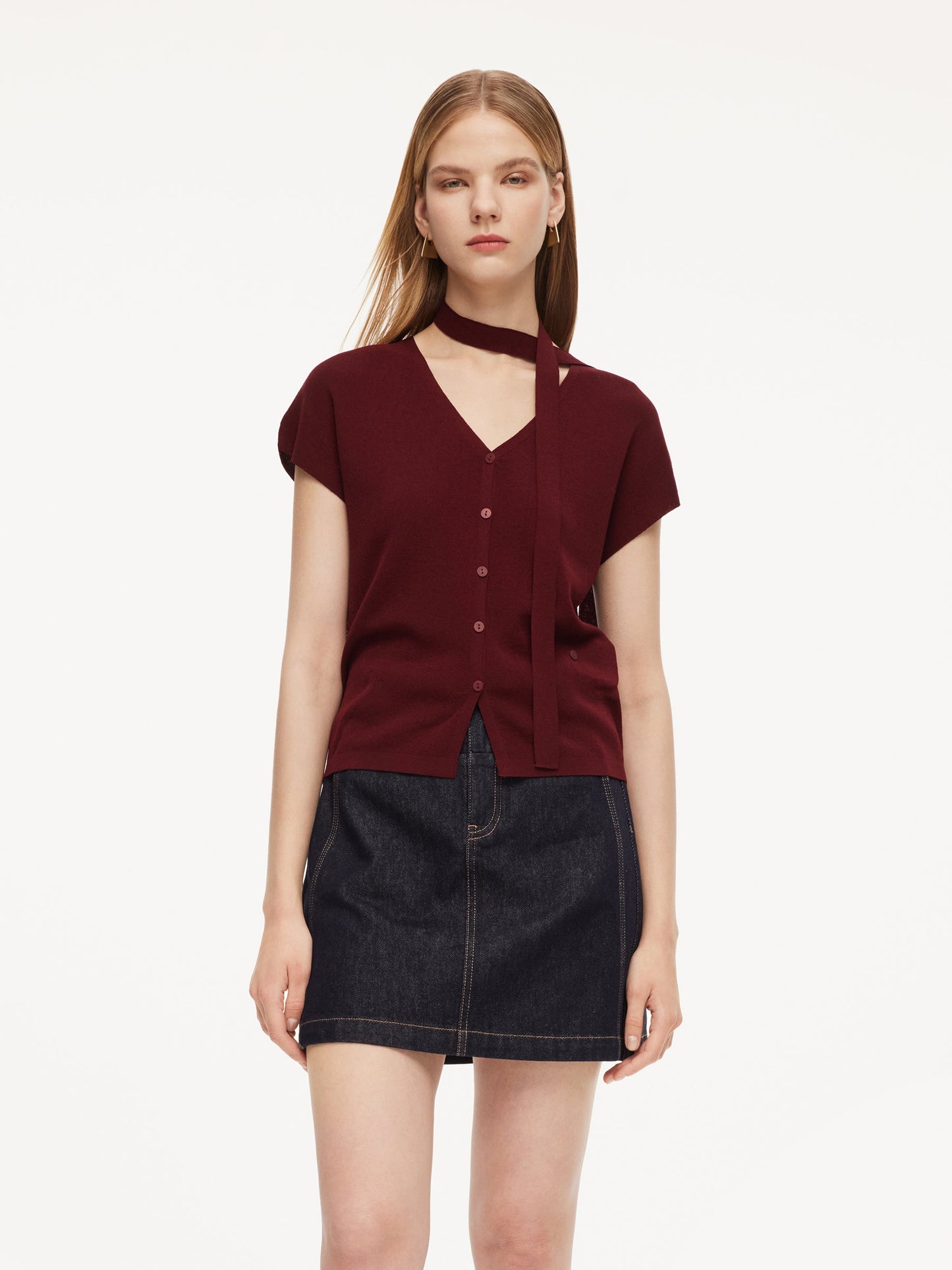 Lyocell Blend V-Neck Women Cardigan With Ribbon