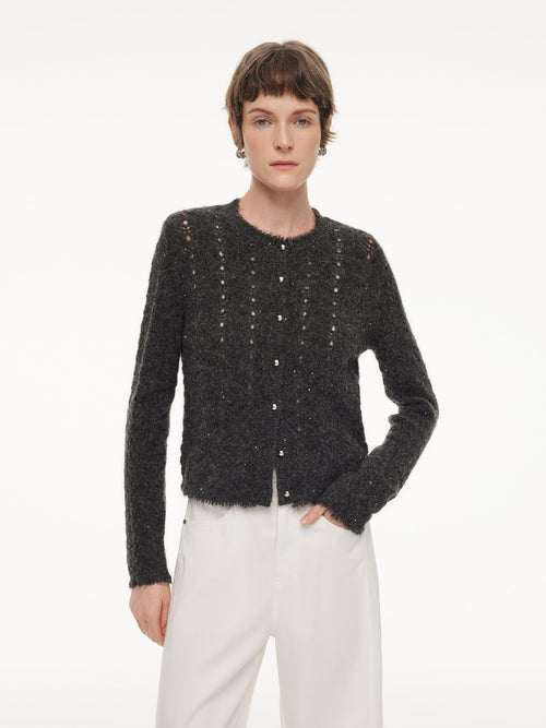Alpaca Wool Blend Frayed Edges Women Open-Knit Cardigan