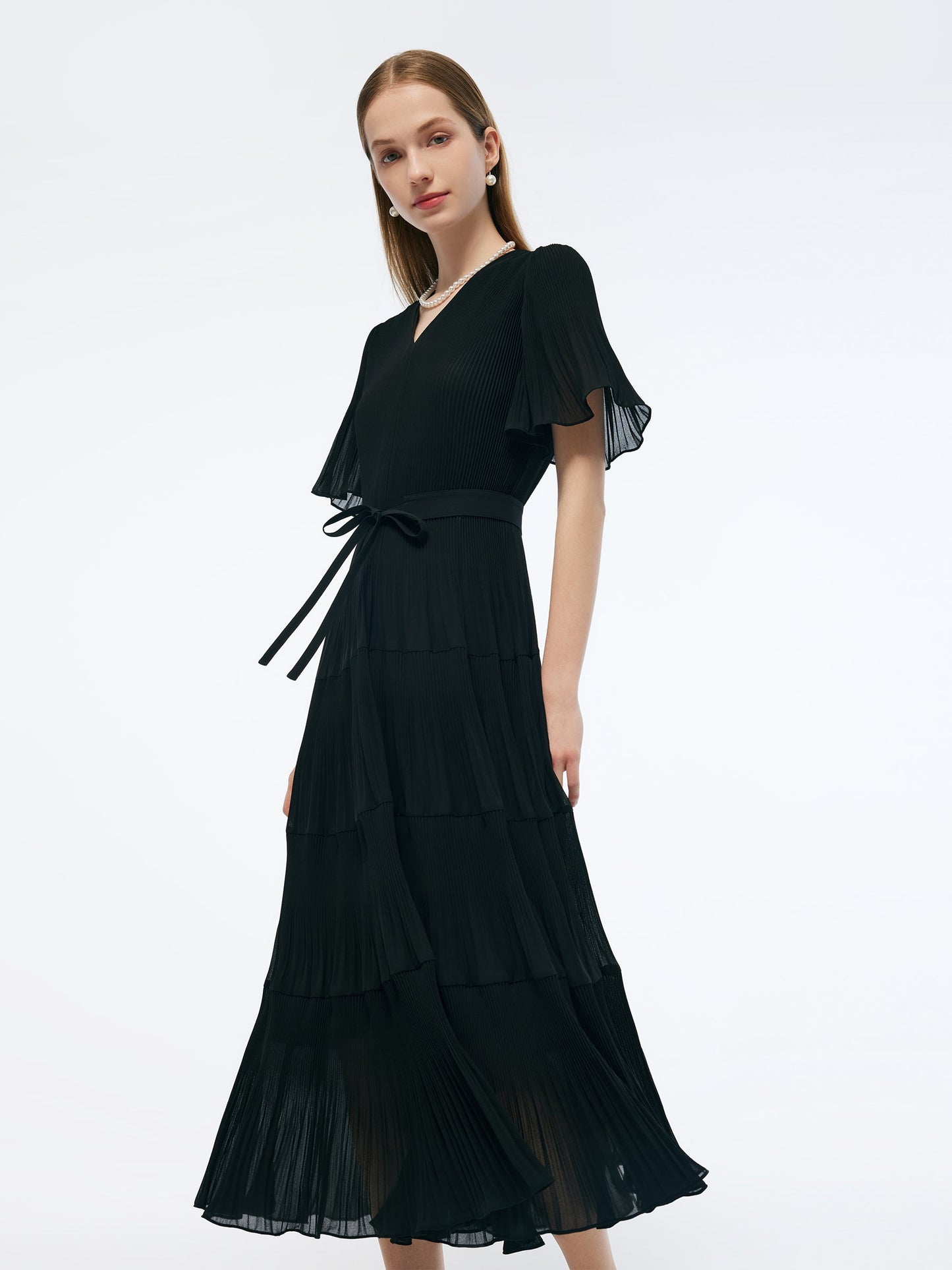 Pleated V-Neck Women A-Line Tie Belt Maxi Dress