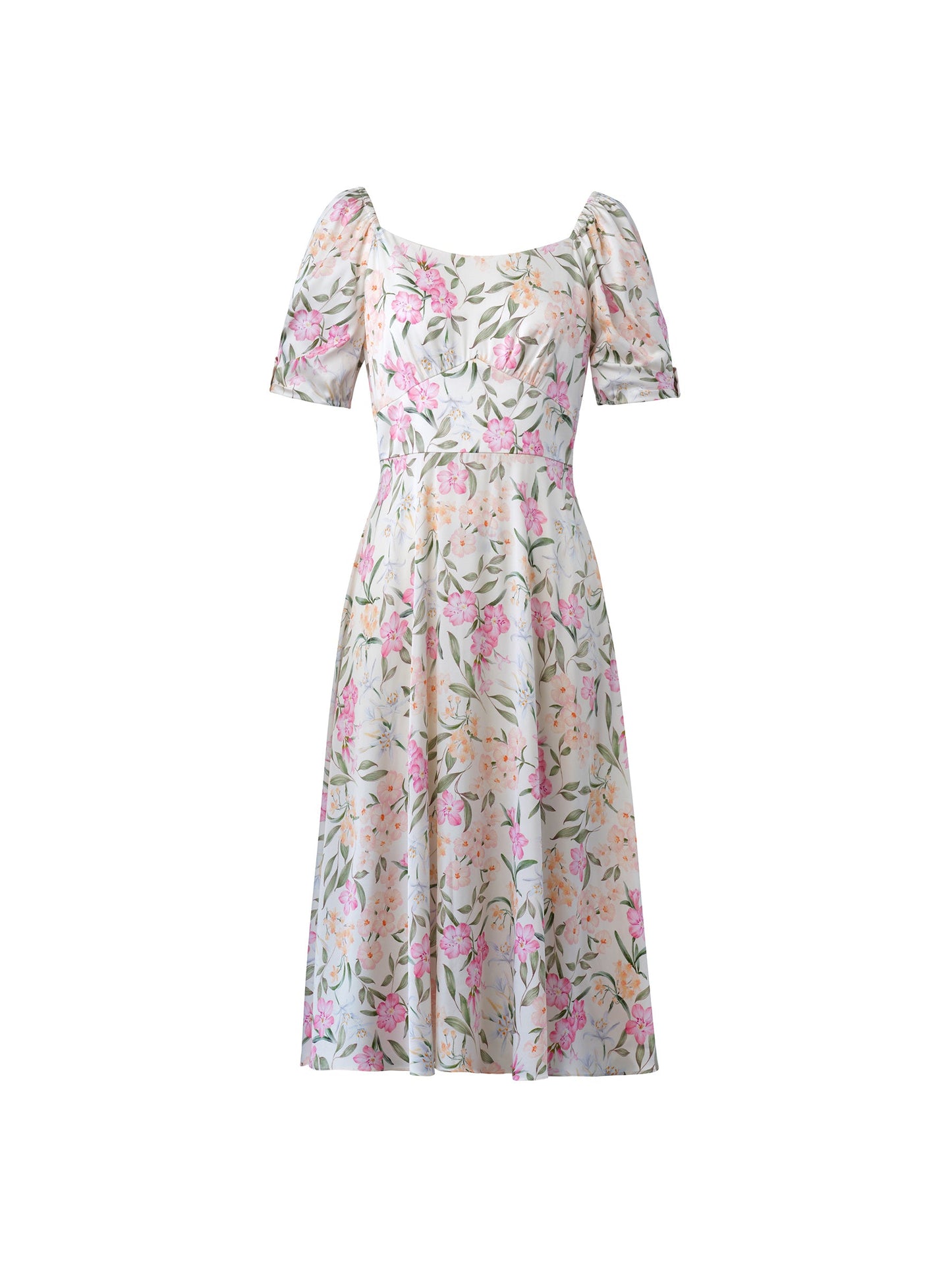 19MM Mulberry Silk Floral Print Women Square Neck Midi Dress