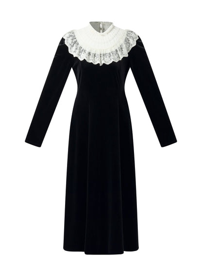 Velvet Sheer Lace Collar Women Midi Dress With Beret