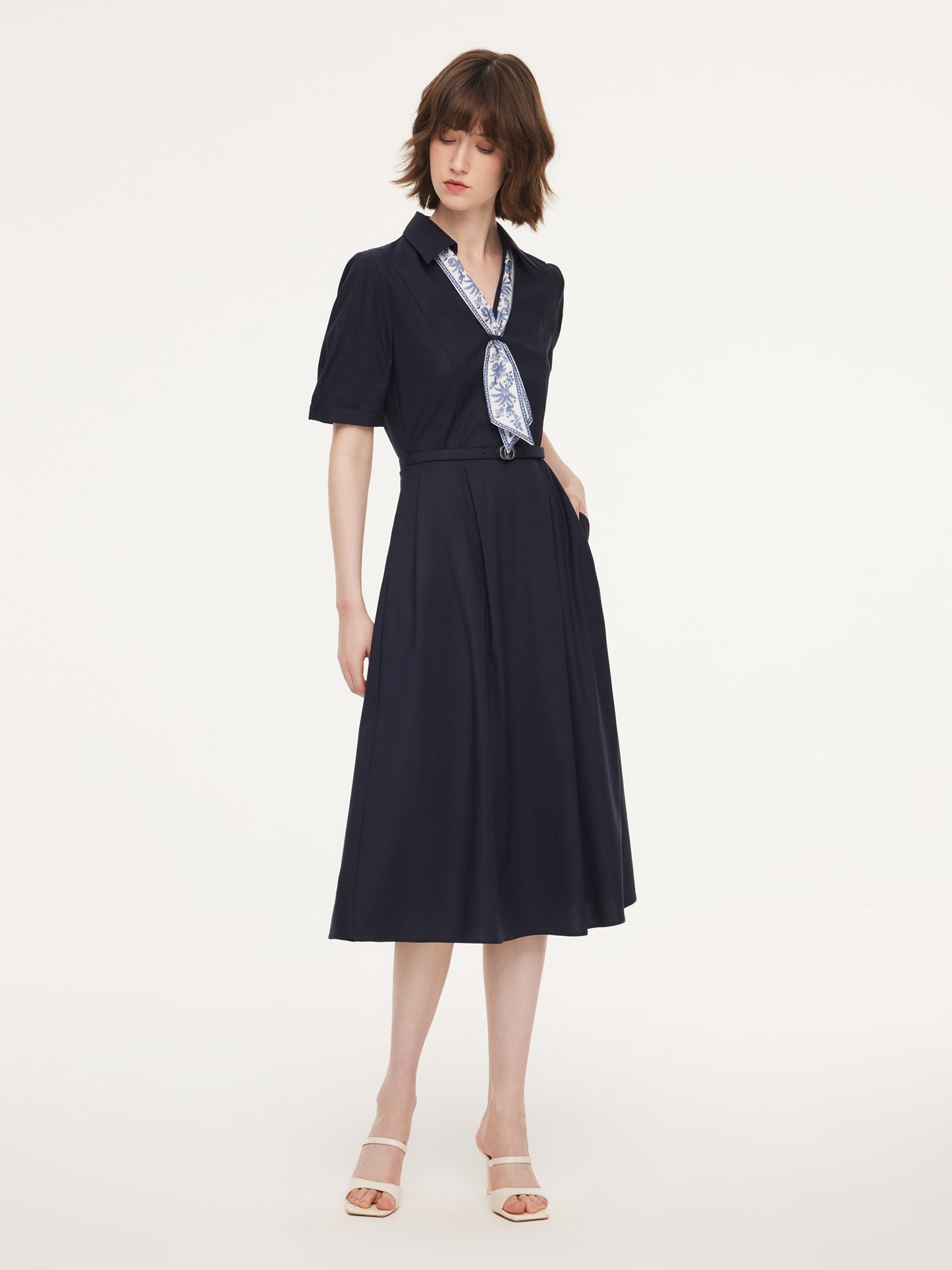 Linen Blend V-Neck Women Midi Dress With Silk Scarf And Belt