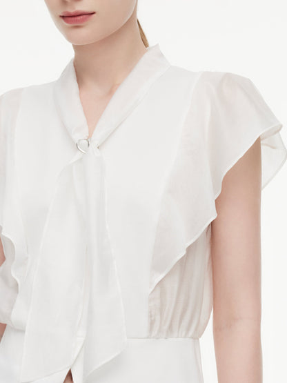 100% Cotton Ruffle Sleeve Women Blouse With Detachable Scarf Buckle