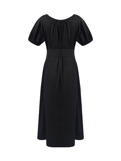 Puff Sleeves Women Midi Dress With Belt
