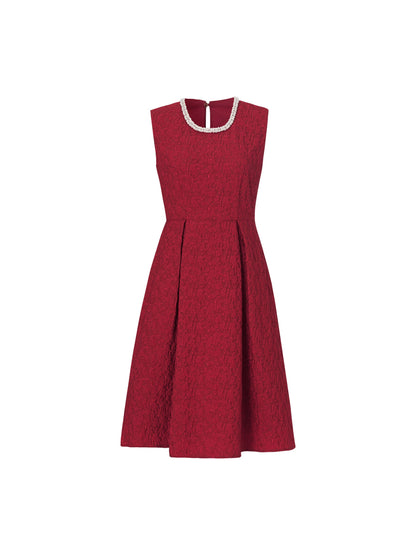 Jacquard Beaded Round Neck Women Sleeveless Mini Dress