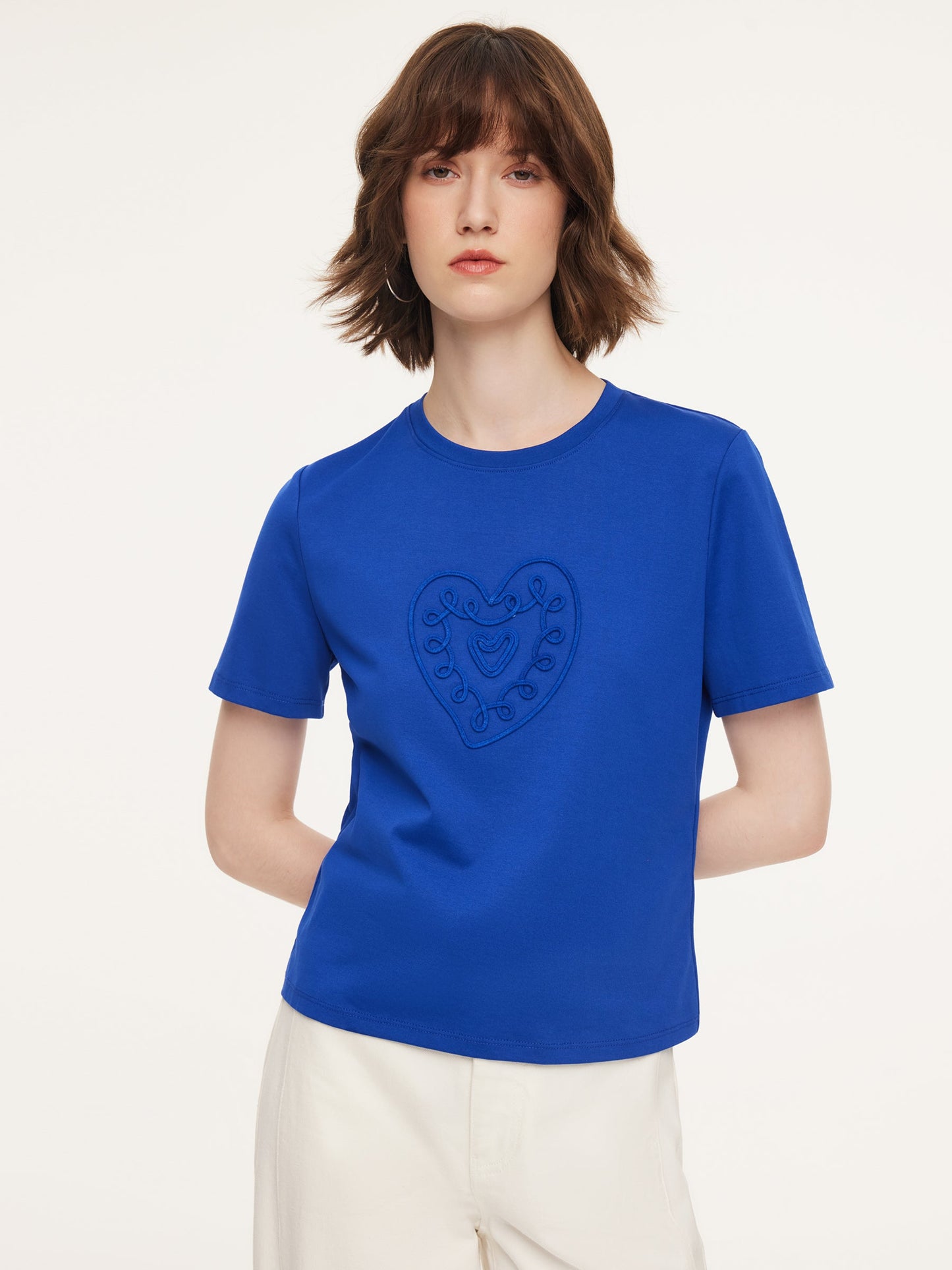 Cotton Blend Round Neck Tape Embroidered Women T-Shirt