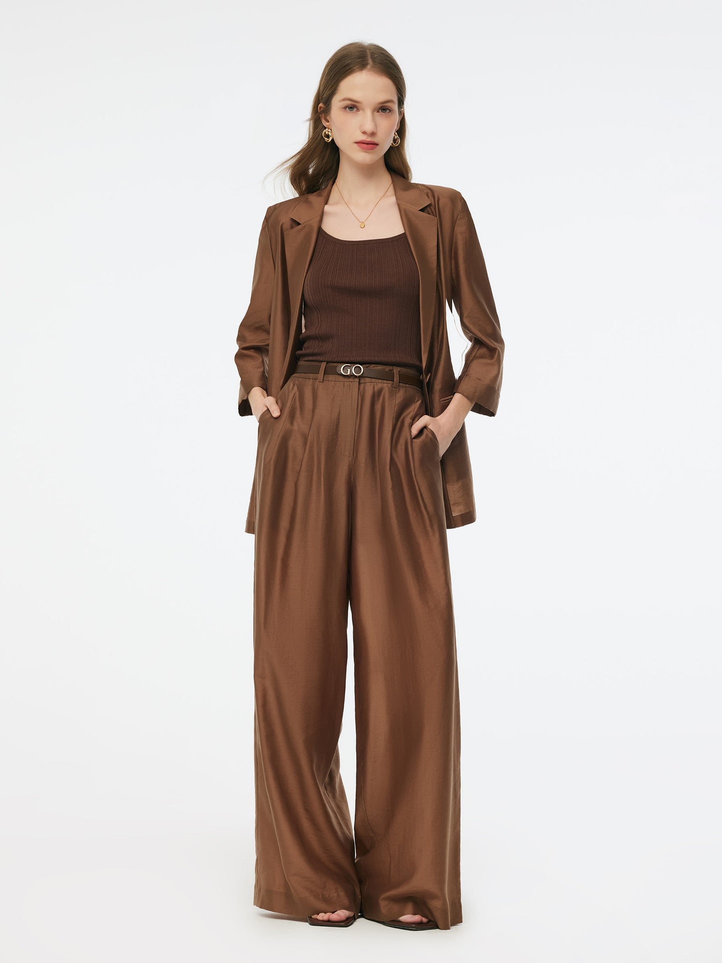 Tencel Blend Women Wide Leg Pants With GO Letter Leather Belt
