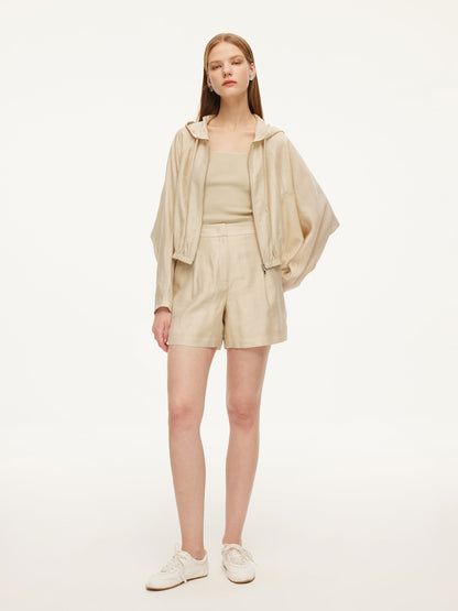 Tencel Acetate Linen Blend Women Zip-Up Hooded Cropped Jacket
