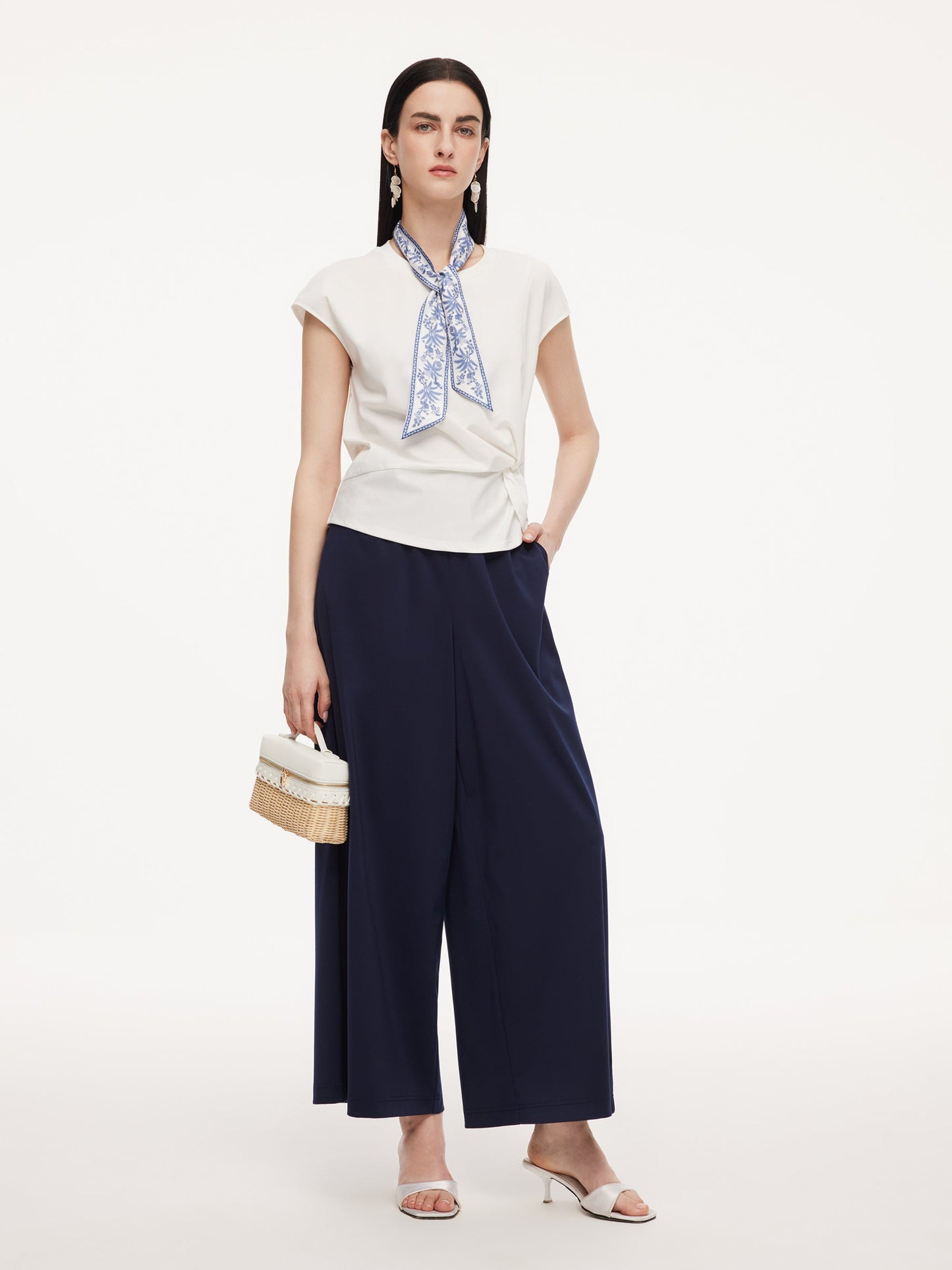 Tencel Blend Twist Front Top And Wide Leg Pants Two-Piece Set With Silk Scarf