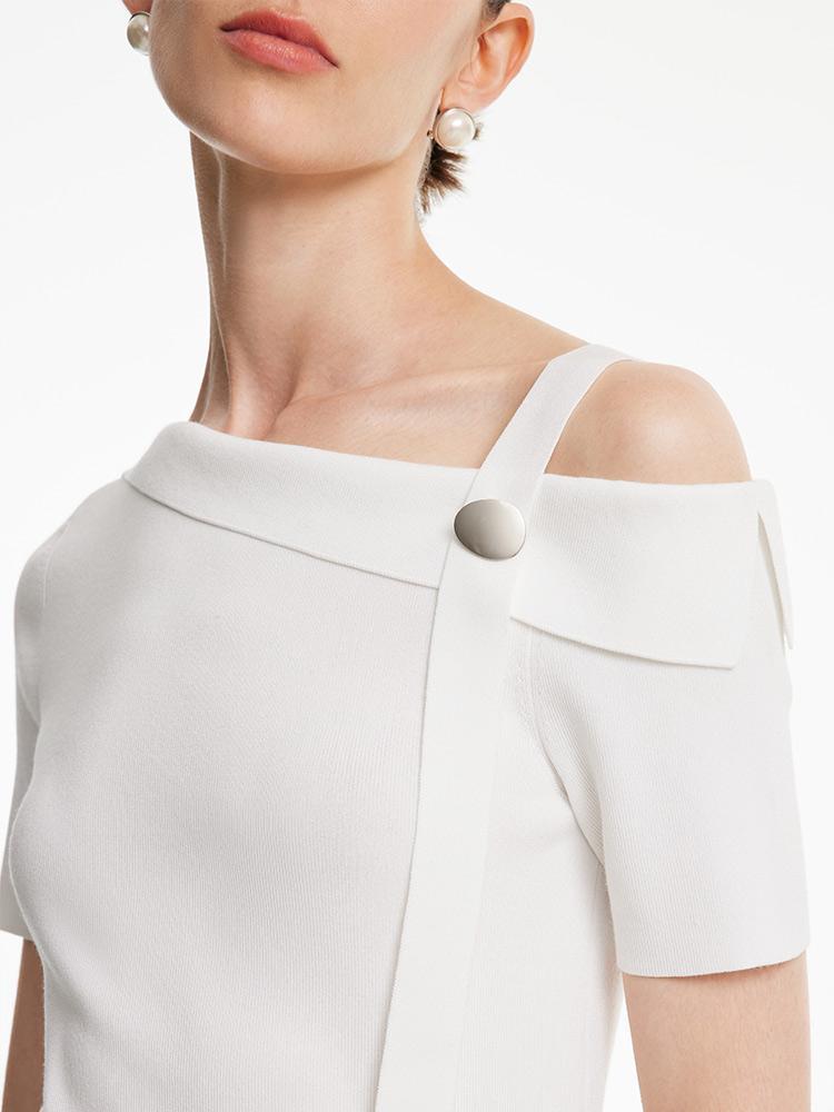 White Acetate One Shoulder Women Knit Top