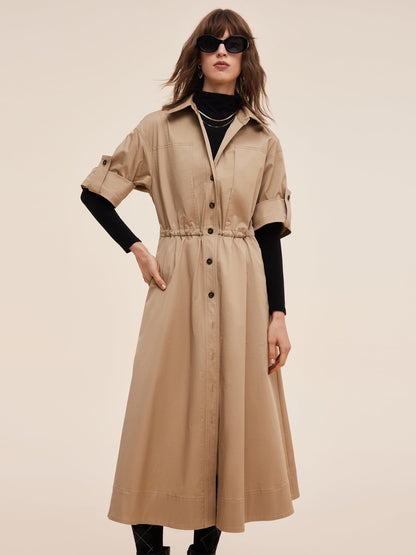 Cotton Drawstring Waist Women Trench Coat