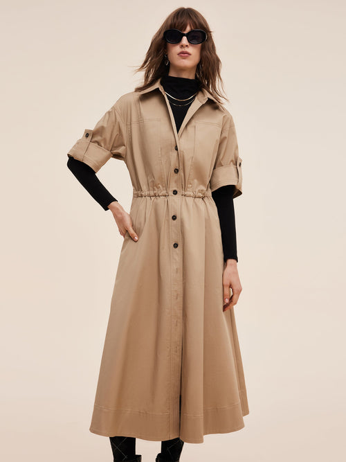 Cotton Drawstring Waist Women Trench Coat