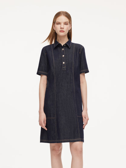 100% Cotton Denim Women A-Line Mini Shirt Dress With Self-Tie Belt