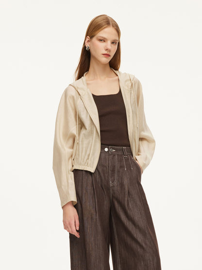Tencel Acetate Linen Blend Women Zip-Up Hooded Cropped Jacket