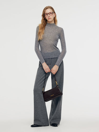 100% Wool Mock Neck Women Long Sleeve Top