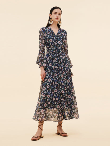 10MM Mulberry Silk Floral Print Women V-Neck Maxi Dress