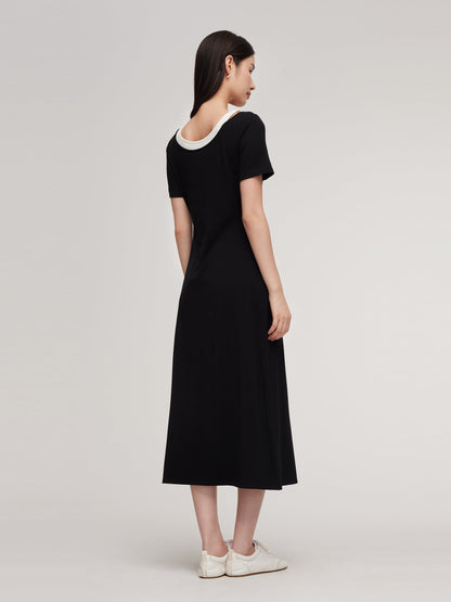 Pre-Order Faux Two-Piece Patchwork Slim Fit Women T-Shirt Maxi Dress