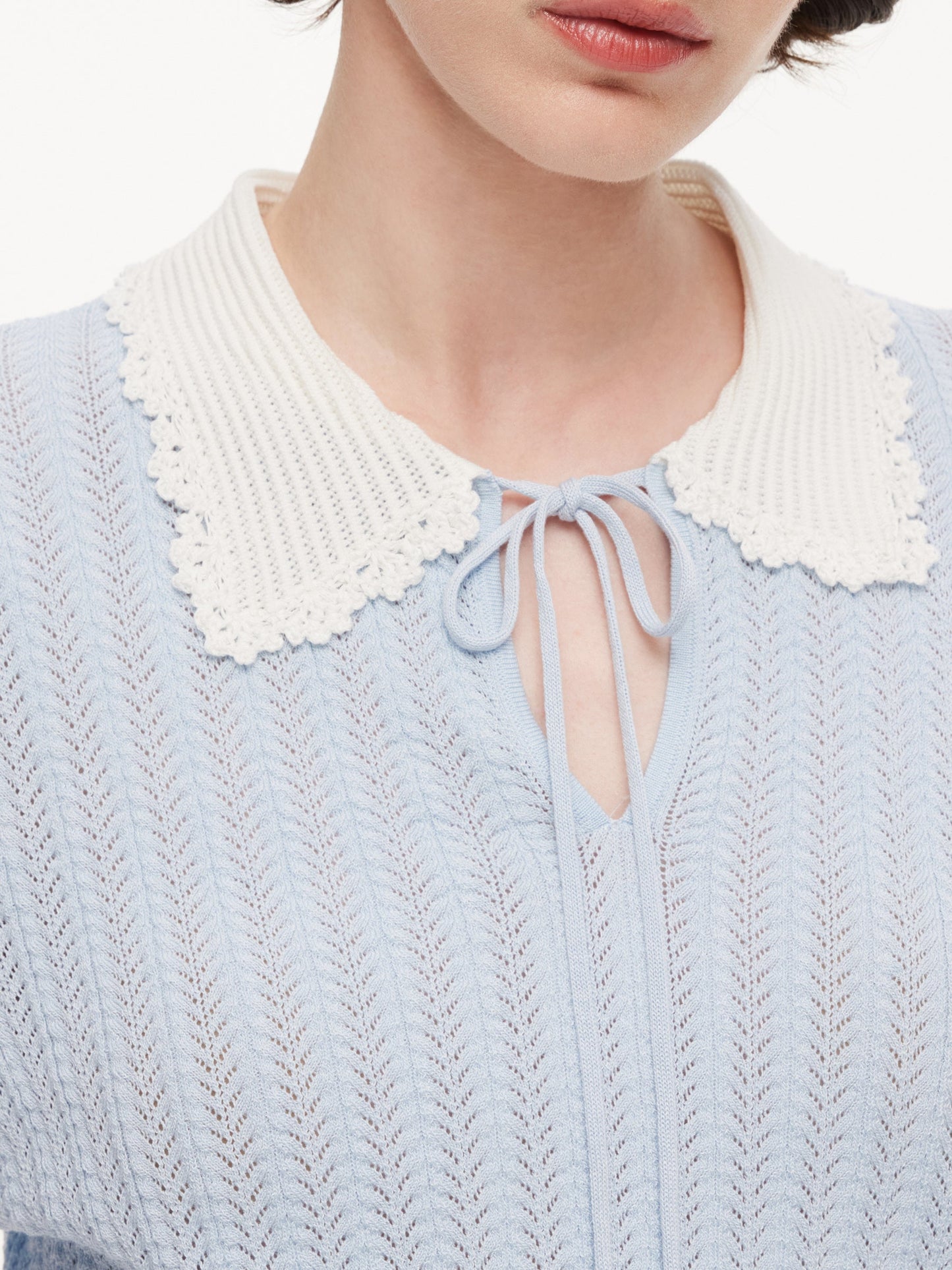 Tencel Blend Color Block Tie Front Women Openwork Knit Top